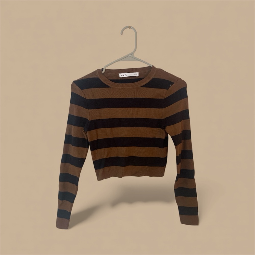 Zara Black and Brown Striped Knit Top